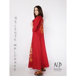 Ręcznie malowana czerwona lniana sukienka maxi na ramiączkach w komplecie z lnianym żakietem