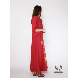 Hand-painted red linen maxi dress with straps in a set with a linen jacket