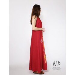 Ręcznie malowana czerwona lniana sukienka na ramiączkach maxi