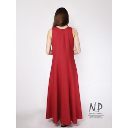 Ręcznie malowana czerwona lniana sukienka na ramiączkach maxi