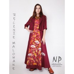 Hand-painted burgundy linen maxi dress with straps in a set with a linen jacket