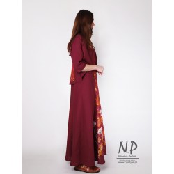 Ręcznie malowana bordowa maxi lniana sukienka na ramiączkach w komplecie z lnianym żakietem