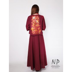 Ręcznie malowana bordowa maxi lniana sukienka na ramiączkach w komplecie z lnianym żakietem