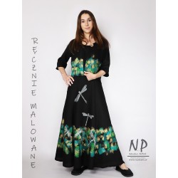 Hand-painted maxi black linen dress with straps in a set with a linen jacket
