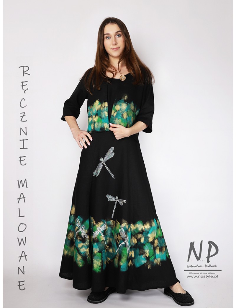 Ręcznie malowana maxi czarna sukienka z lnu na ramiączkach w komplecie z lnianym żakietem