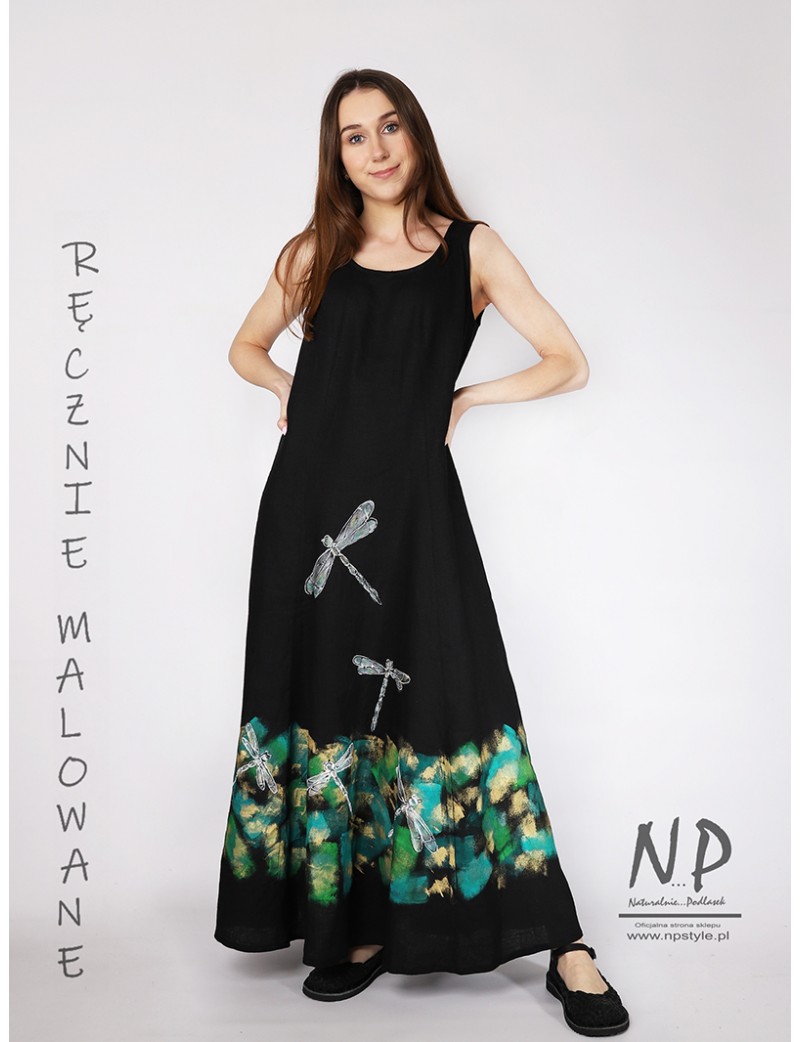 Ręcznie malowana czarna lniana sukienka na ramiączkach maxi