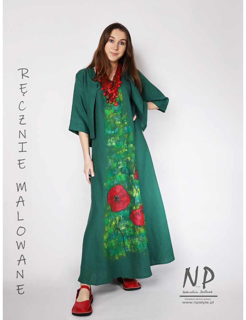 Ręcznie malowana maxi zielona sukienka z lnu na ramiączkach w komplecie z lnianym żakietem