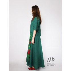 Ręcznie malowana maxi zielona sukienka z lnu na ramiączkach w komplecie z lnianym żakietem