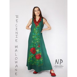 Green linen dress with maxi straps decorated with hand-painted poppies