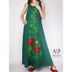 Green linen dress with maxi straps decorated with hand-painted poppies