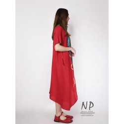Hand-painted red linen midi dress with elongated sides, short sleeves and pockets