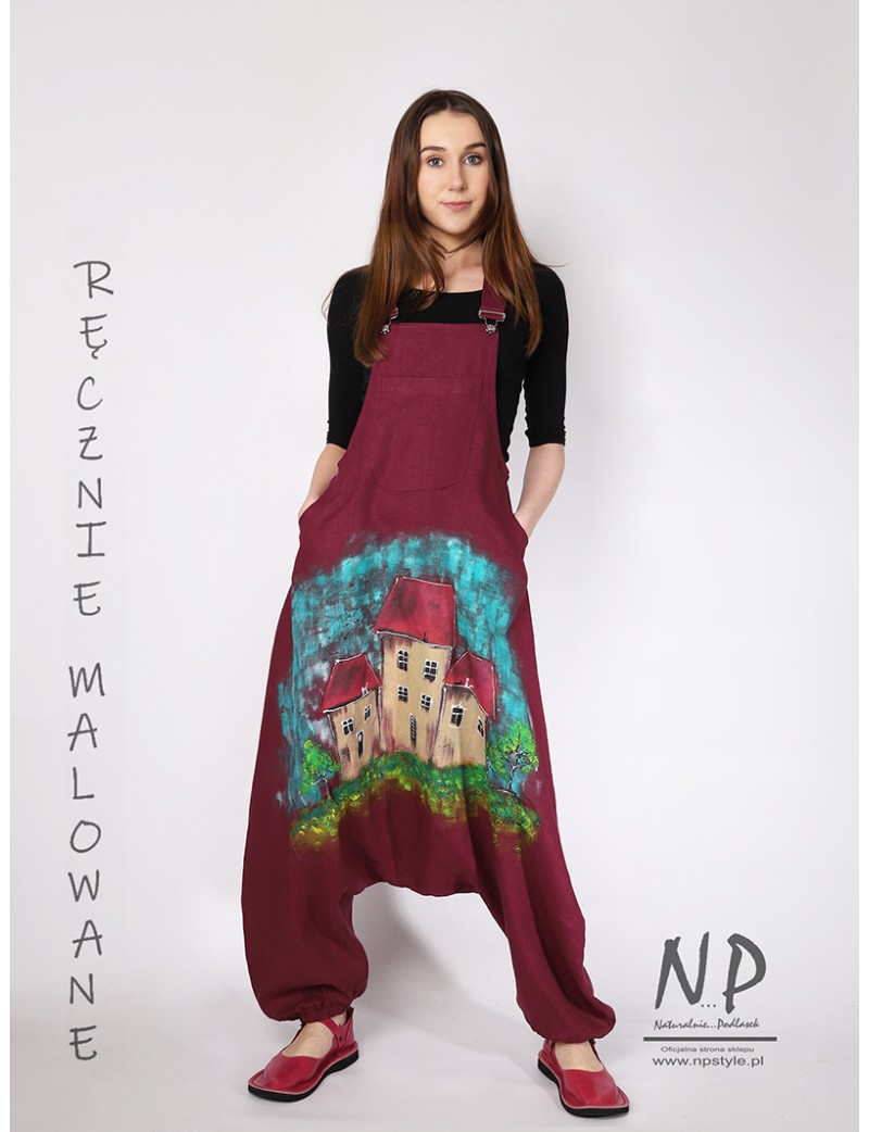 Linen dungarees with a dropped crotch, decorated with hand-painted patterns