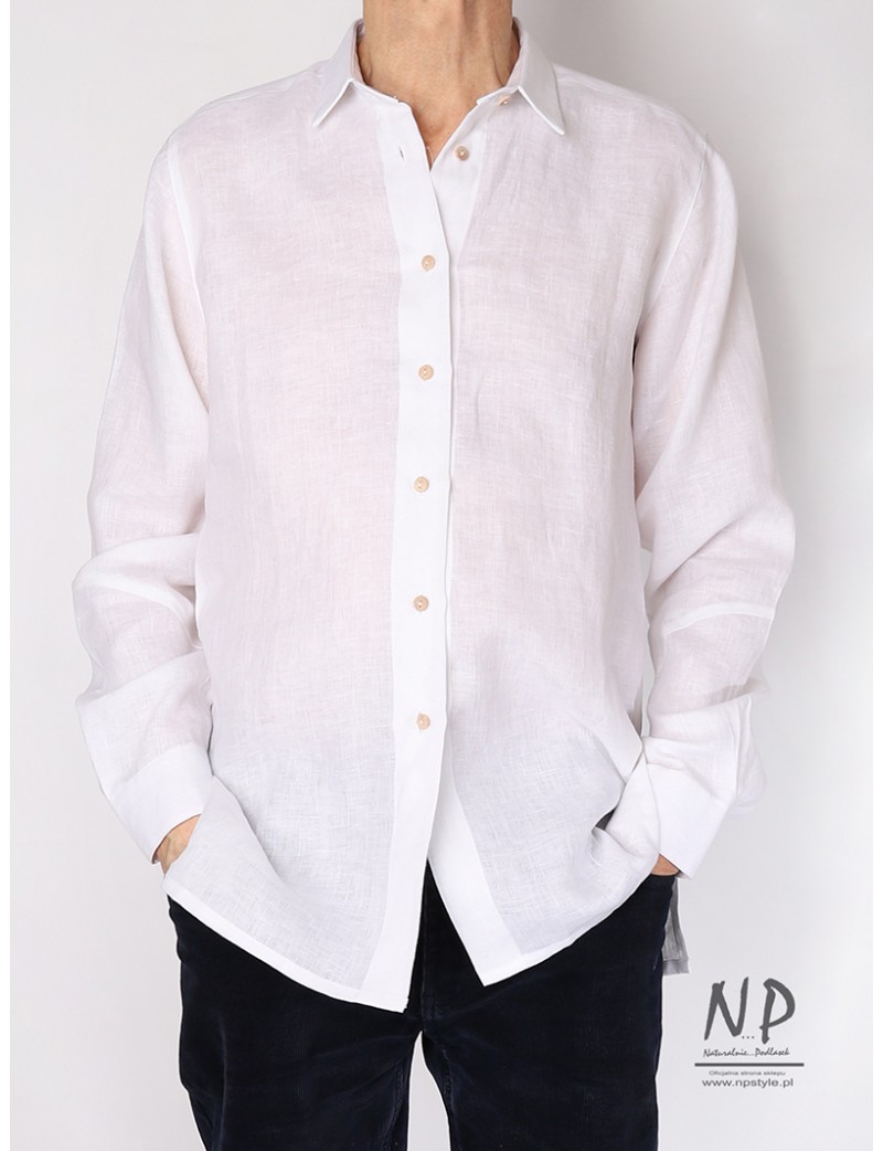Simple white men's linen shirt with a long sleeve collar