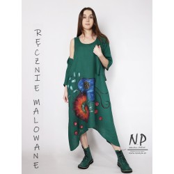 Hand-painted green linen dress on midi straps with elongated sides