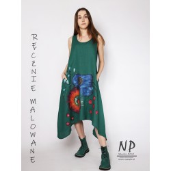 Hand-painted green linen dress on midi straps with elongated sides