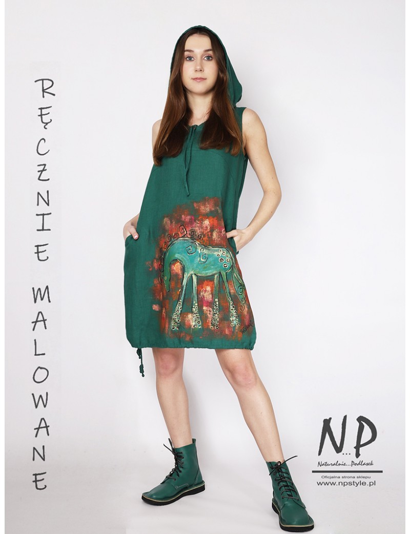 Green short linen dress with a hood decorated with a hand-painted horse