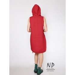 Red short linen dress with a hood decorated with hand-painted patterns