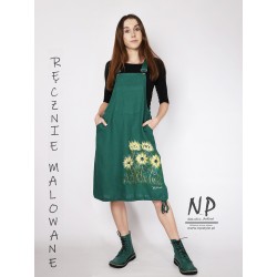 Hand-painted short green linen gardener's dress
