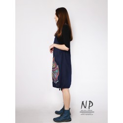 Hand-painted short navy blue linen gardener's dress