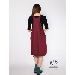 Hand-painted short burgundy linen dungaree dress