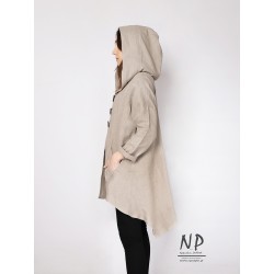 Women's asymmetrical linen jacket with a hood