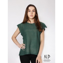 Green loose linen sweater blouse with short sleeves