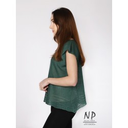 Zielona luźna sweterkowa bluzka z lnu z krótkim rękawem