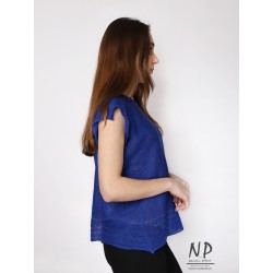 Niebieska luźna sweterkowa bluzka z lnu z krótkim rękawem ozdobiona mereżką