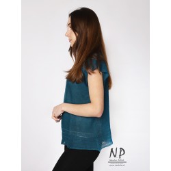 Loose sweater blouse made of linen with short sleeves, decorated with a hemstitch