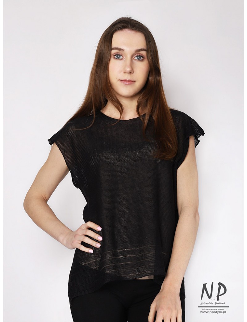 A simple black linen blouse with short falling sleeves and a sweater stitch