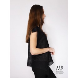 A simple black linen blouse with short falling sleeves and a sweater stitch