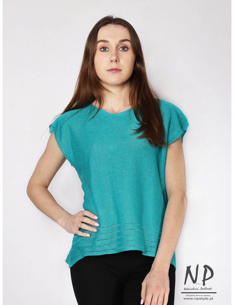 Simple turquoise linen blouse with short falling sleeves in a sweater stitch