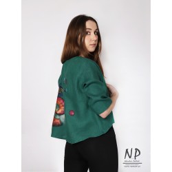 Hand-painted green loose linen jacket without a collar