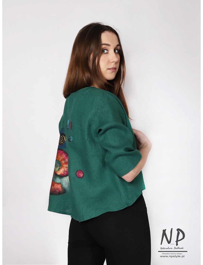 Hand-painted green loose linen jacket without a collar