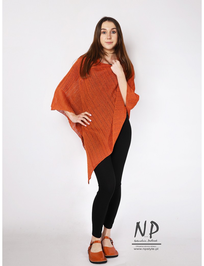 Women's linen sweater poncho handmade in orange.