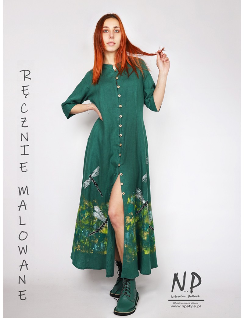 Długa zielona lniana sukienka koszulowa, szmizjerka z rękawem za łokieć