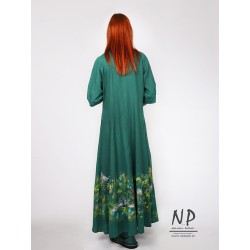 Długa zielona lniana sukienka koszulowa, szmizjerka z rękawem za łokieć