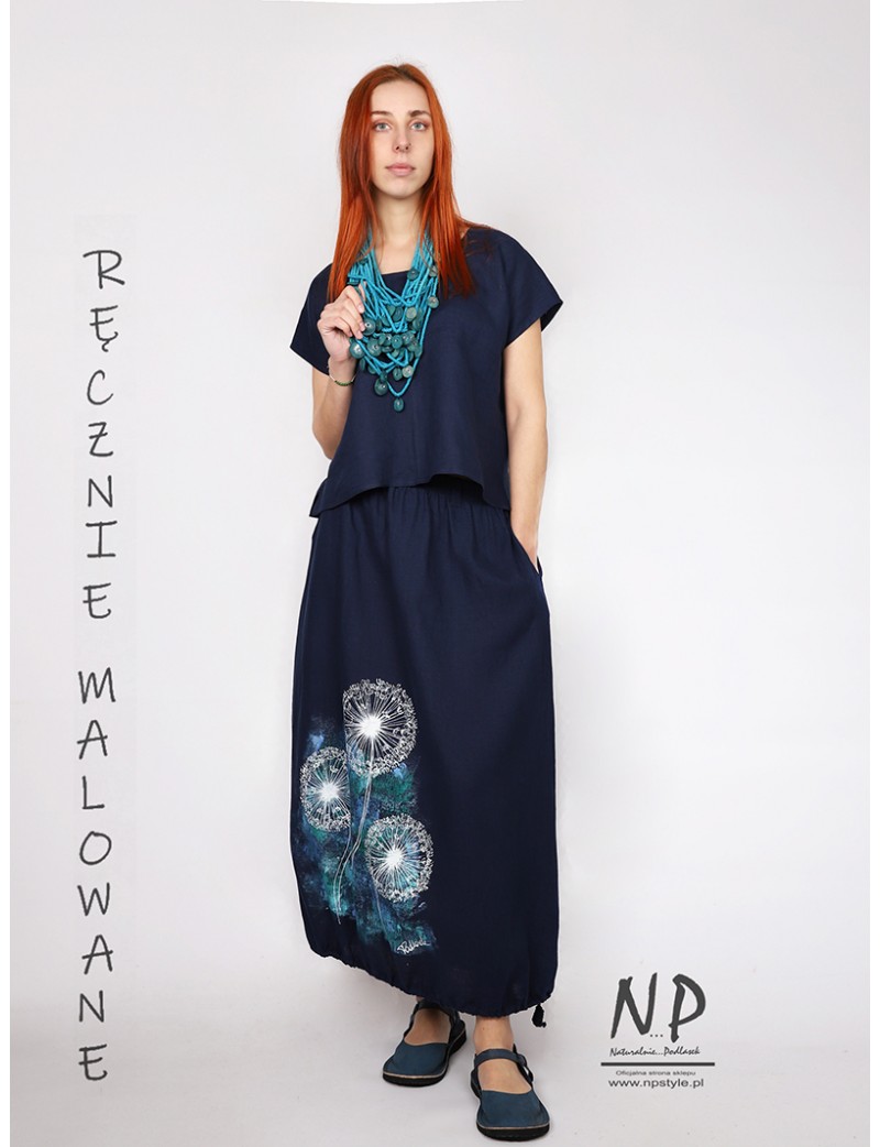 Linen bauble skirt decorated with hand-painted patterns, finished with a belt on an elastic band