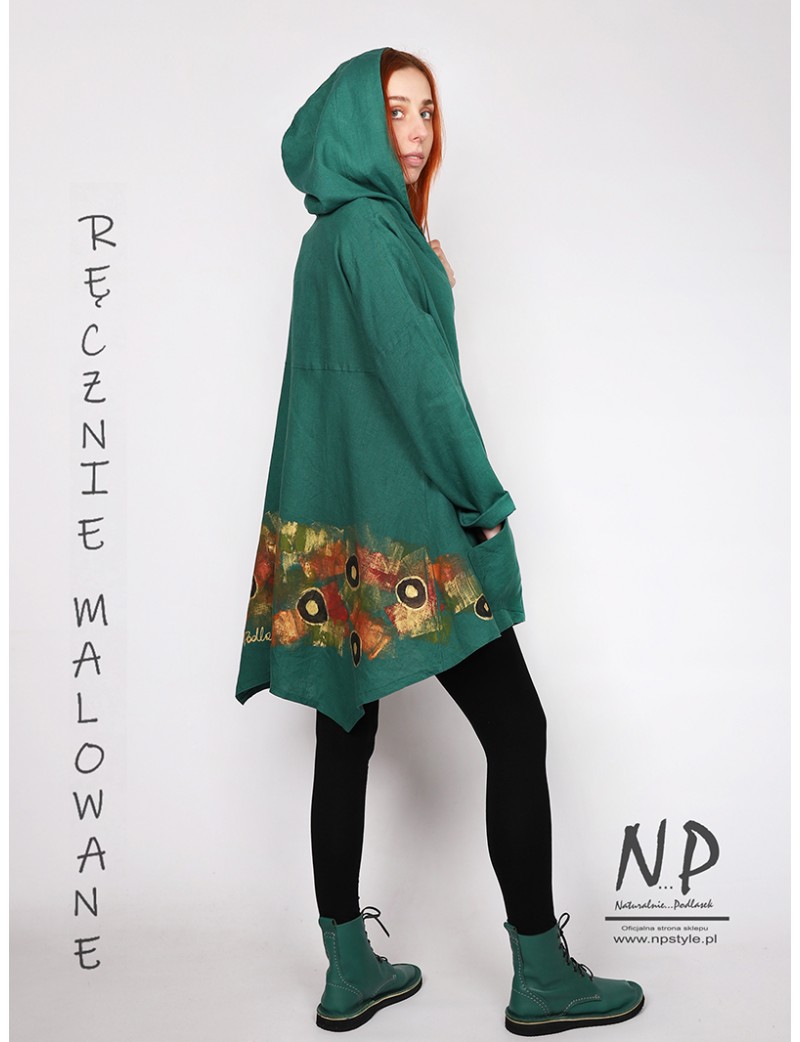 Women's hand-painted green linen jacket with a hood fastened with coconut shell buttons