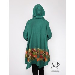 Women's hand-painted green linen jacket with a hood fastened with coconut shell buttons