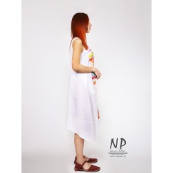 Hand-painted airy white linen midi dress with straps