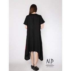 Hand-painted black linen midi dress with elongated sides, short sleeves and pockets