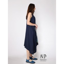 Hand-painted airy navy blue linen midi dress with straps