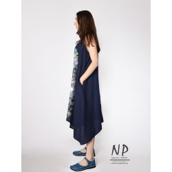 Hand-painted airy navy blue linen midi dress with straps