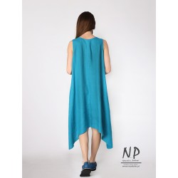 Ręcznie malowana zwiewna niebieska sukienka z lnu midi na ramiączkach