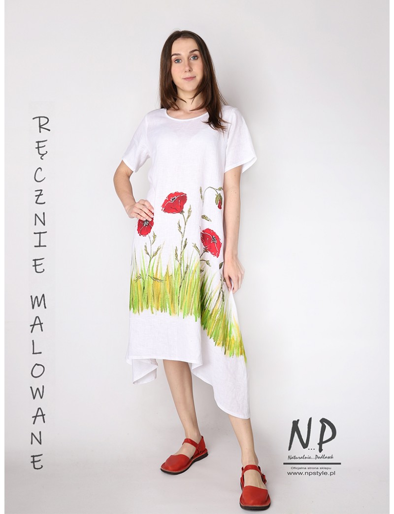 Hand-painted white linen midi dress with elongated sides, short sleeves and pockets