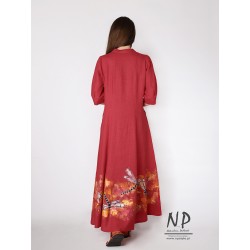 Długa czerwona lniana sukienka koszulowa, szmizjerka z rękawem za łokieć