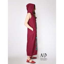 Hand-painted maroon oversize dress with a hood, made of natural linen