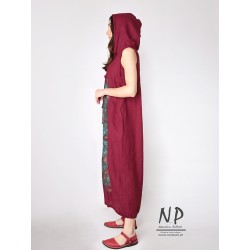 Hand-painted maroon oversize dress with a hood, made of natural linen