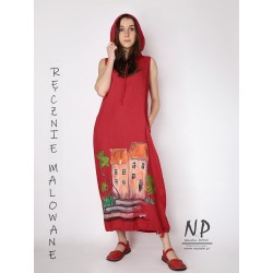 Hand-painted red oversize dress with a hood, made of natural linen